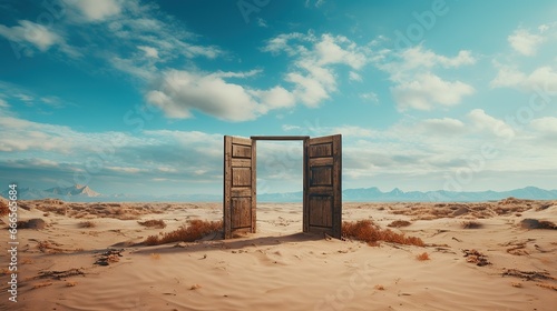 Opened door in the middle of the desert. Beautiful sky with opened door in the desert.
