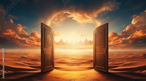 Opened door in the middle of the desert. Beautiful sky with opened door in the desert.