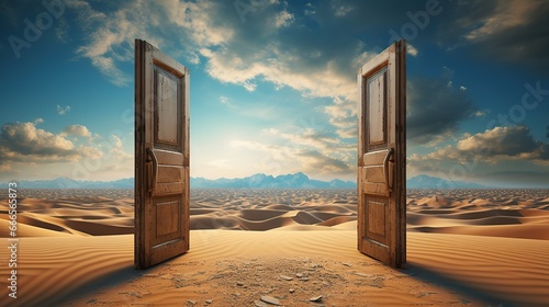 Opened door in the middle of the desert. Beautiful sky with opened door in the desert.