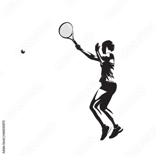 Tennis player silhouette, woman playing tennis, isolated vector silhouette, side view
