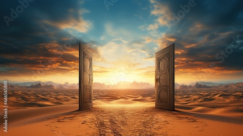 Opened door in the middle of the desert. Beautiful sky with opened door in the desert.