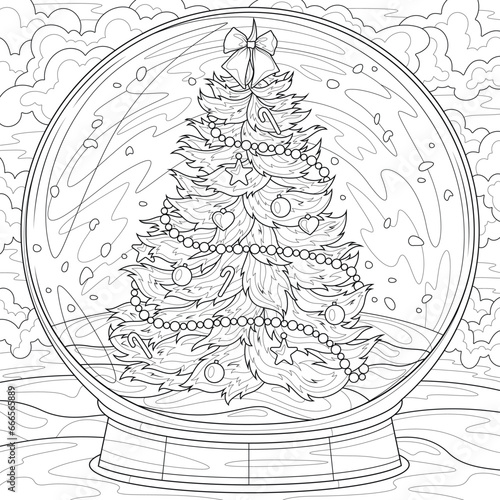 Christmas globe with a Christmas tree.Coloring book antistress for children and adults.