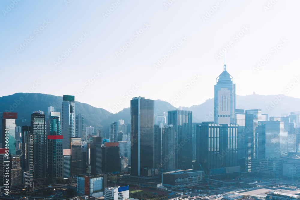 Aerial scenery panoramic view from drone of Hong Kong skyscrapers skyline with metropolitan bay