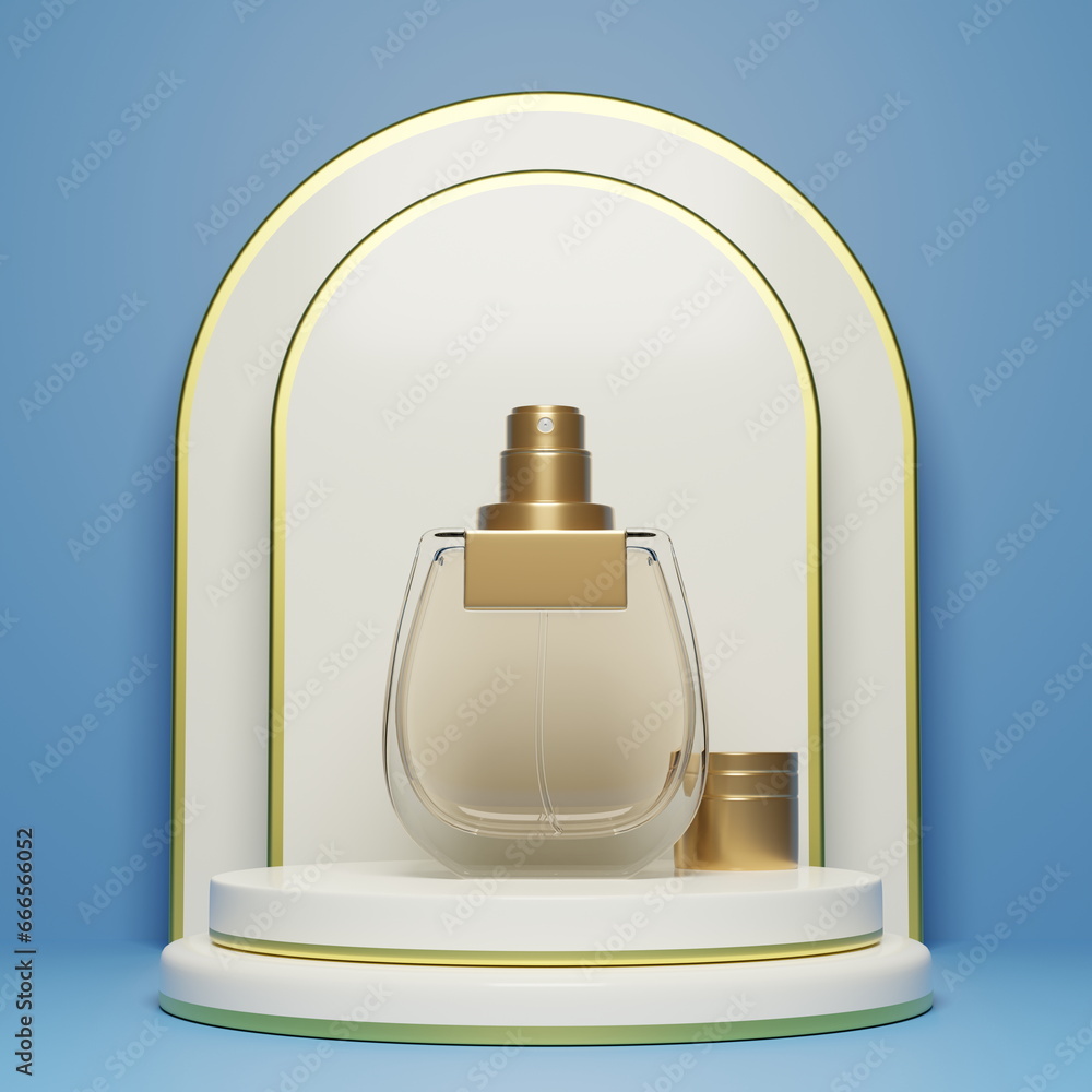 Perfume bottle on white podium for product, object. Round platform, platform space place. Modern pedestal cosmetic spray bottle product color background. 3d render Perfume bottle on white podium for product, object. Round platform, platform space place. Modern pedestal cosmetic spray bottle product color background. 3d render