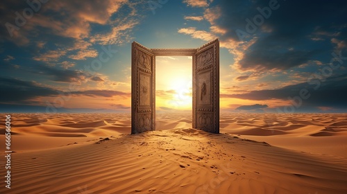 Opened door in the middle of the desert. Beautiful sky with opened door in the desert.