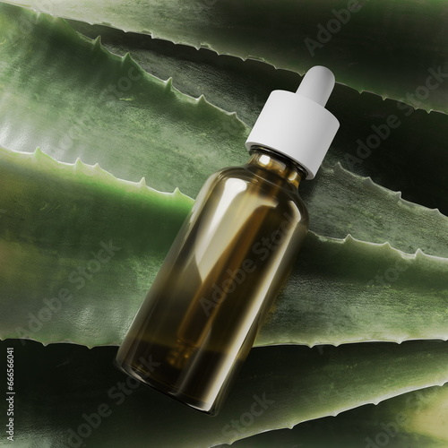 Bottle natural oil aloe, medicine beauty health, background, liquid cosmetic serum. Glass Bottle, care organic herbal, treatment spa, skin aromatherapy. 3d render