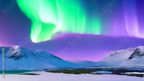 Panorama of the northern lights over snowcapped mountains