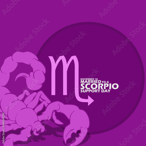 Scorpio zodiac symbol with bold text and scorpion on purple background to celebrate Married to a Scorpio Support Day on November 18