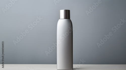 Grey silver metal color empty cosmetic bottle in modern dark bathroom interior mock up