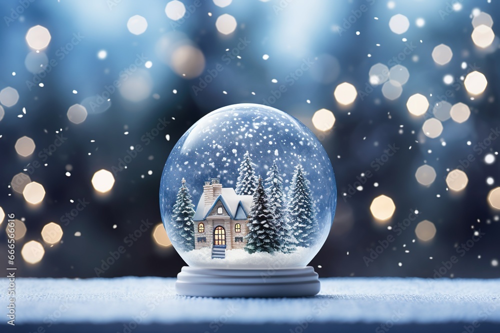 Christmas decoration of a snow globe with miniature houses and fir trees inside, against the backdrop of shimmering Christmas bokeh Christmas decoration of a snow globe with miniature houses and fir trees inside, against the backdrop of shimmering Christmas bokeh