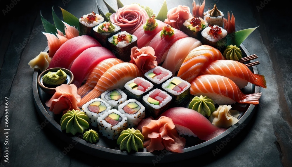 Delectable sushi platter, showcasing fresh tuna, salmon, and avocado rolls, garnished with pickled ginger and wasabi