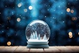 Christmas decoration of a snow globe with miniature houses and fir trees inside, against the backdrop of shimmering Christmas bokeh
