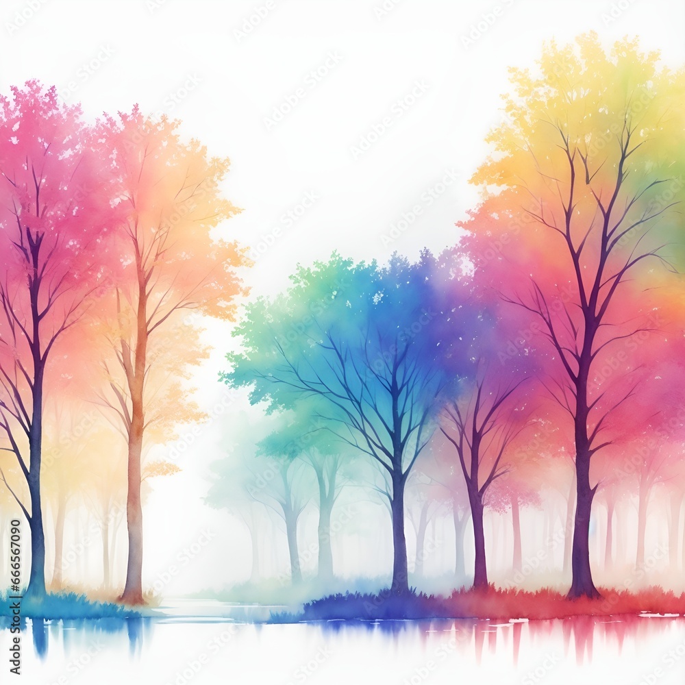 Abstract colorful trees watercolor background..