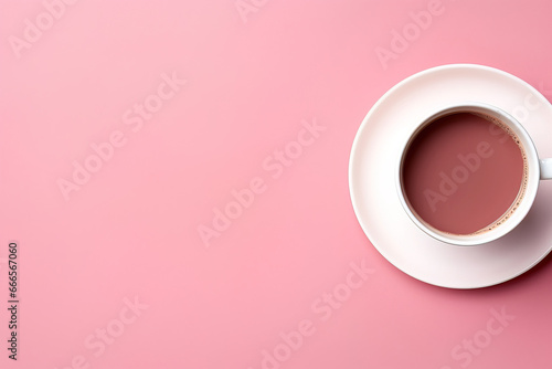 minimalist pink background with a Tea cup, cappuccino, coffee , top view with empty copy space