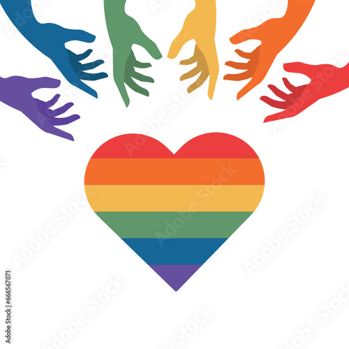 hands reach for the heart  banner with lgbt flag colors with an empty space in the center for text or image
