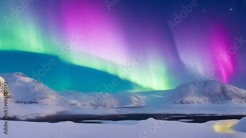 Panorama of the northern lights over snowcapped mountains © Raidfr2