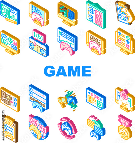 game development software icons set vector. computer screen, industry technology, office people, young code, program developer game development software isometric sign illustrations