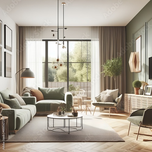 A modern living room with a simple design and an olive green tone, in a Nordic style home interior design. Created with generative AI © Mr. Hatch