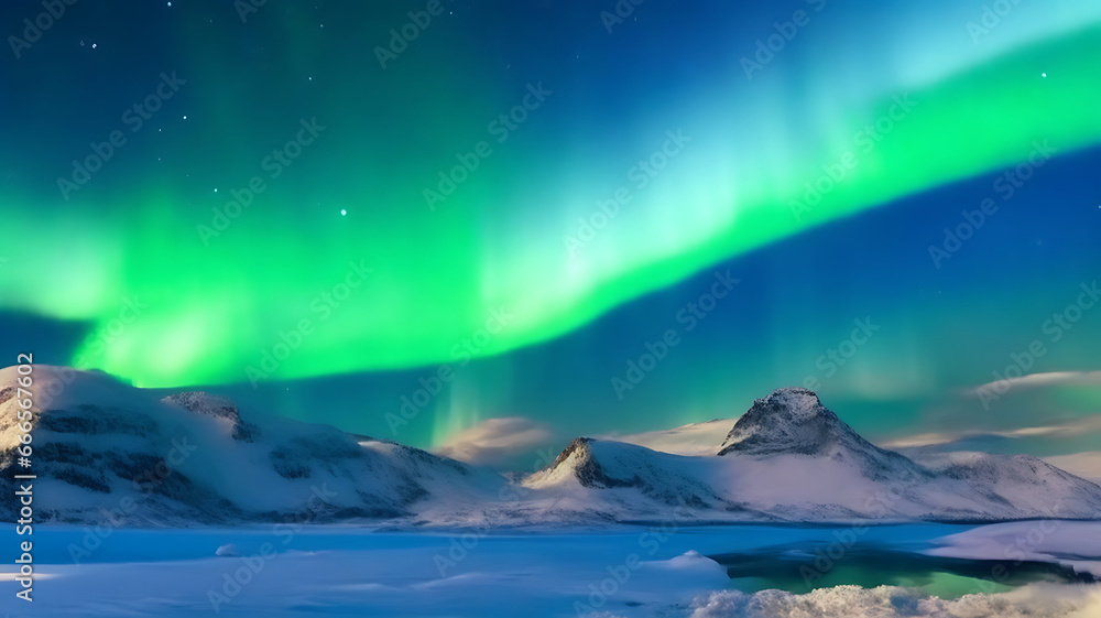 Naklejka premium Panorama of the northern lights over snowcapped mountains