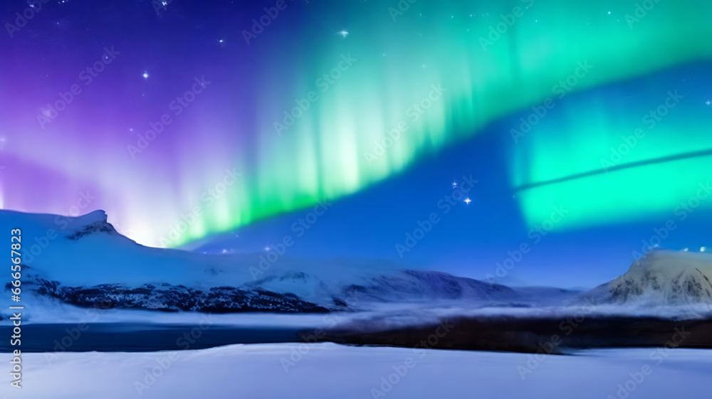 Fototapeta premium Panorama of the northern lights over snowcapped mountains