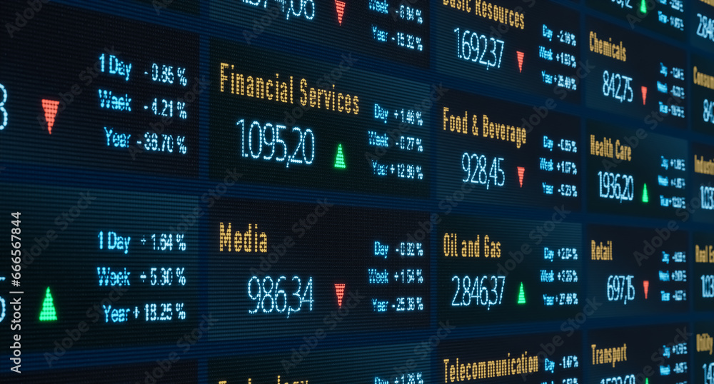 Fototapeta premium Stock market and exchange. Financial Services, Media, etc. sector index information. Business, investment, research, analyzing, financial figures, data.