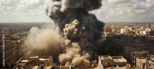 Missile strike on building at war conflict. Generative AI technology.