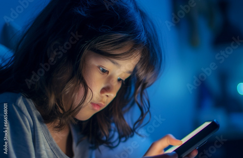 New Generation Alpha Kid Using Smartphone in Bed. Gen Alpha Digital Native Child Alone with Phone. 
 photo