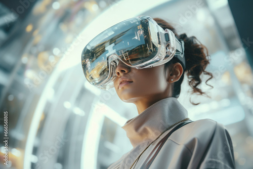 Woman with Futuristic glasses, Virtual Reality and Metaverse concep © alisaaa