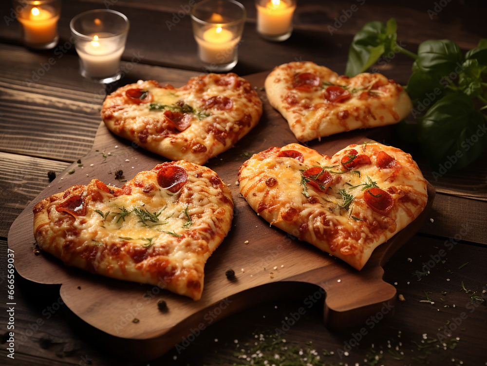 Delicious festive pizzas in the shape of a heart, with vegetables, sausage and cheese, on a wooden board