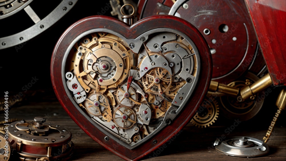 The mechanism of an antique clock in the shape of a heart