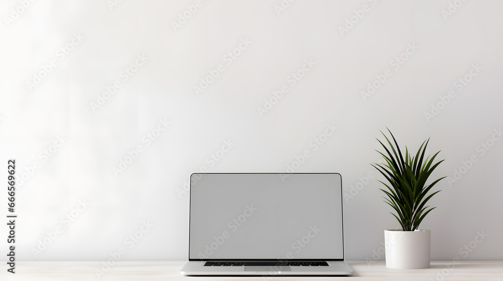Laptop computer with blank screen on desk in modern home or office interior mock up Laptop computer with blank screen on desk in modern home or office interior mock up