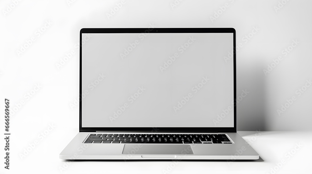 Laptop computer with blank screen on desk in modern home or office interior mock up Laptop computer with blank screen on desk in modern home or office interior mock up