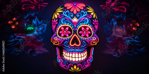 Modern Neon Calaca Skull Design
, Vibrant Metal Calavera in Holographic Colors Generative Ai

 photo