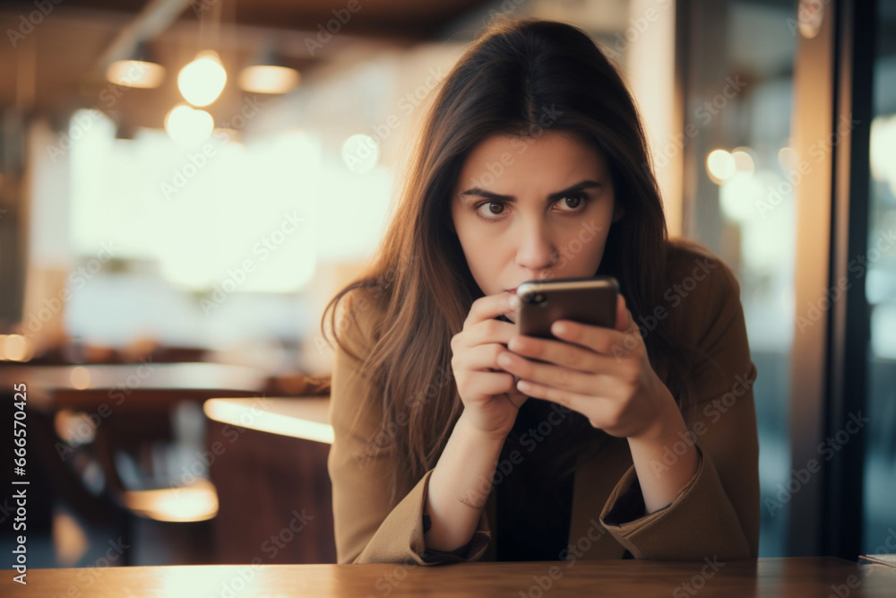 Woman waiting in a restaurant reading shocking news on her phone Woman waiting in a restaurant reading shocking news on her phone