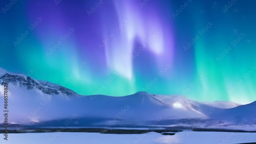 Fototapeta premium Panorama of the northern lights over snowcapped mountains