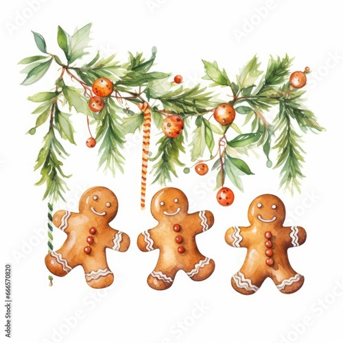 Watercolor Christmas tree branch with a garland of cheerful gingerbread men on white. AI generated