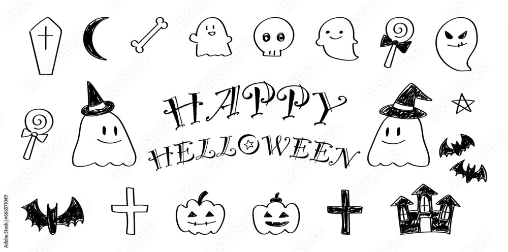 Fototapeta premium イラスト素材：手書きのシンプルなかわいいハロウィンのイラストセット 