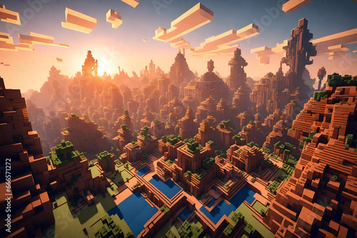 Step into a serene world of a virtual Minecraft morning, with AI-crafted buildings glowing in the gentle light. Our stock photos offer a unique glimpse into this artificial wonderland.