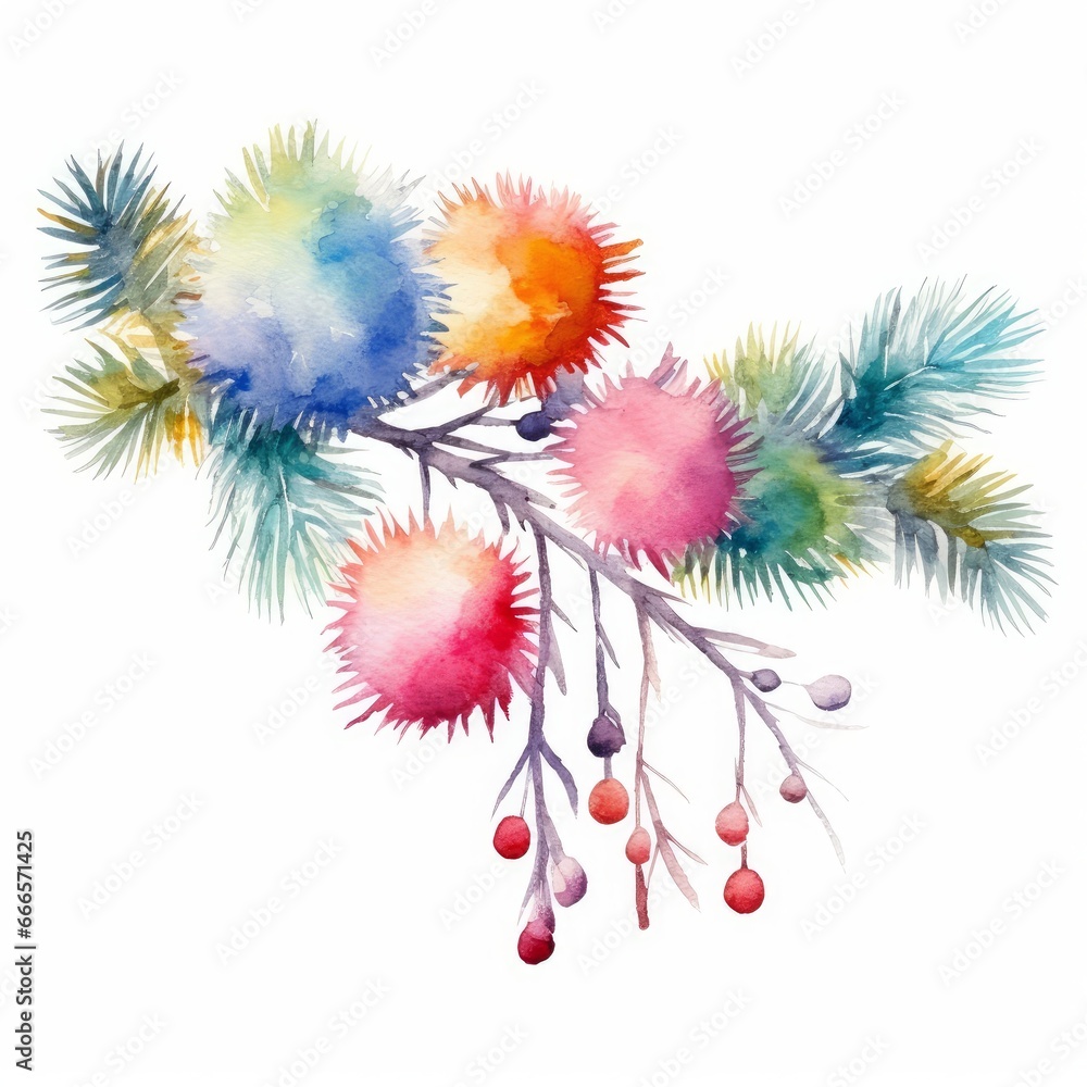 Playful watercolor Christmas tree branch with a garland of colorful pom-poms on white. AI generated