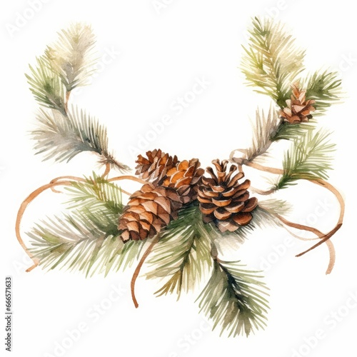 Watercolor Christmas tree branch with a garland of natural pinecones  white background. AI generated