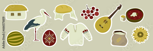 A set of stickers associated with Ukrainian culture in yellow, beige and burgundy colours