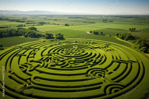 Aerial view of intricate crop circles and patterns on lush farmland 