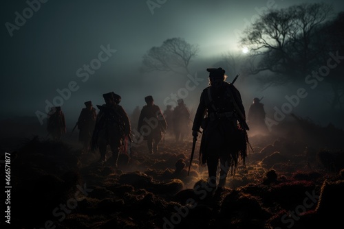 Ghostly soldiers marching on misty moor-lit historical battlefields at midnight 