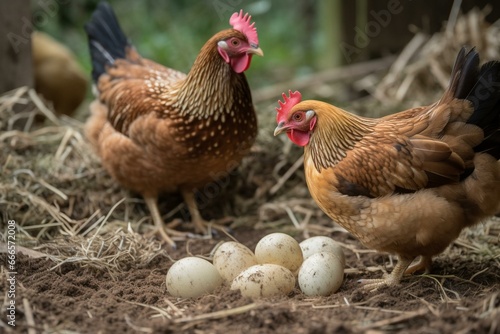 Hens laying eggs. Generative AI