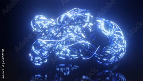 3d rendering. Abstract 3d illustration of a multitude of glowing neon threads tied in knots on a black background. Abstract 3d desktop picture.