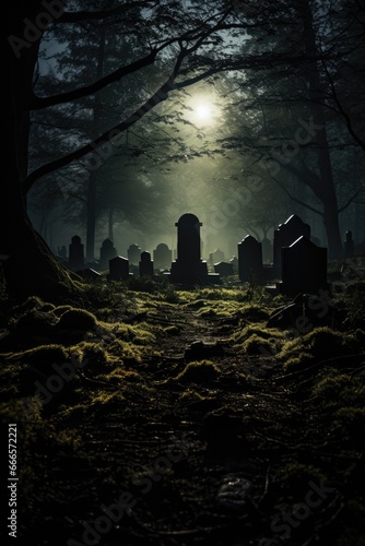 Ghostly apparitions appear amidst aged tombstones under a spectral full-moon night 