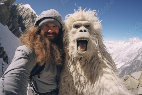 Man and yeti doing a selfie in the Himalayas photo