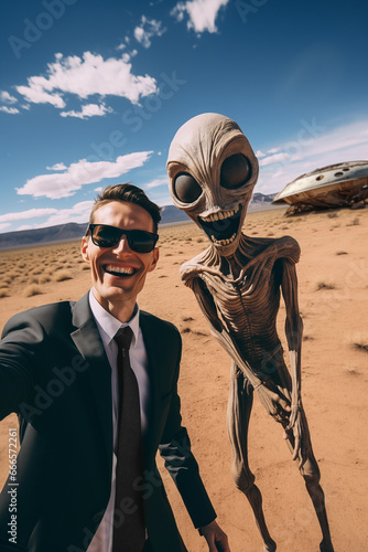 Man in black and alien doing a selfie in New Mexico desert with flying saucer in the background