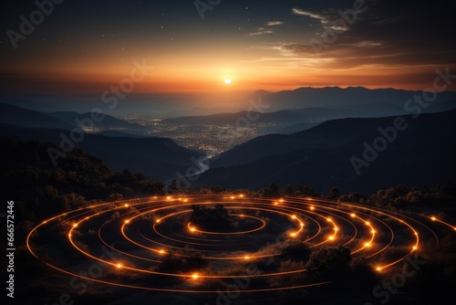 Spiraling energy vortex visualized over ancient ley lines at sunset 
