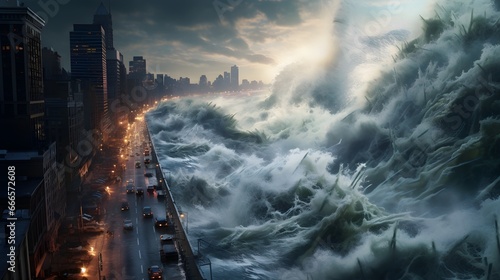 tsunami wave over the city photo